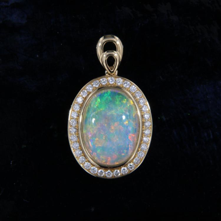 Oval Crystal Opal Pendant with Diamonds 18K Yellow Gold